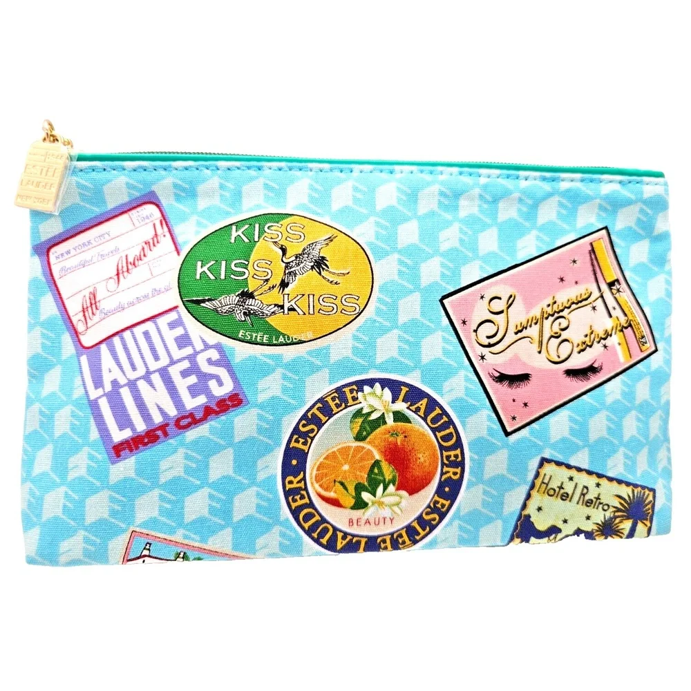 Estée Lauder Blue Travel-Themed Cosmetic Bag Makeup Zipper Pouch Stylish Organiz